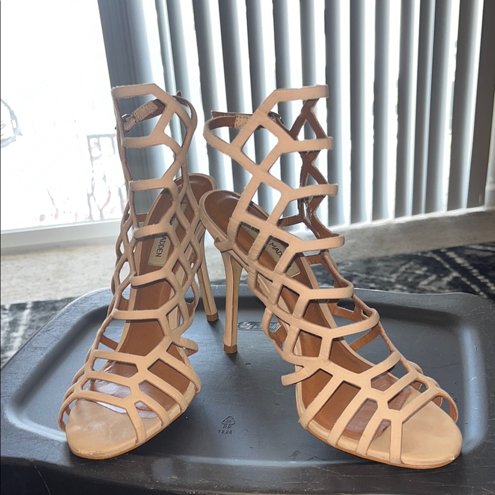 Steve Madden Tan Heels with Geometric Strap Design